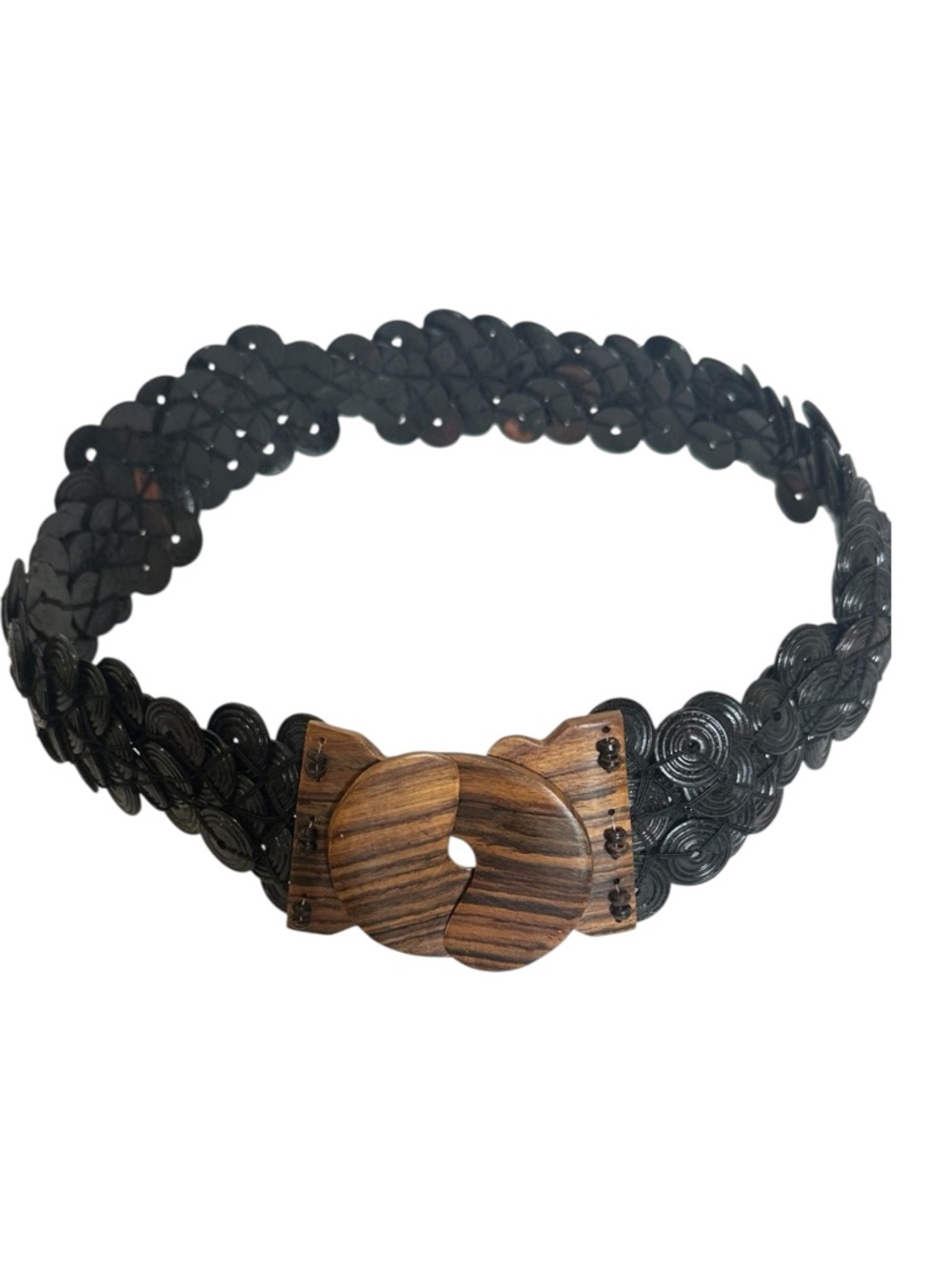 Vintage 70s Boho Woven Disc Belt Black Wooden Buckle Stretch Waist Belt Festival